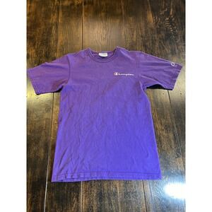 VTG Champion  Purple Script Logo Embroidered Cotton T-Shirt GT19 Small